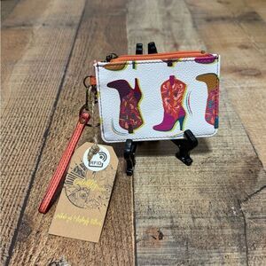 CatchFly White/Pink Vintage Boots Print Mini Wallet with Wristlet rfid cavenders